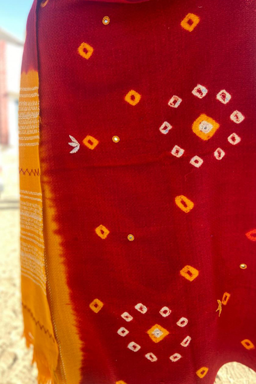 Double shade Hand Embroidered mirror and katchi work bhandhej woollen shawl Buy Urmul Desert Crafts